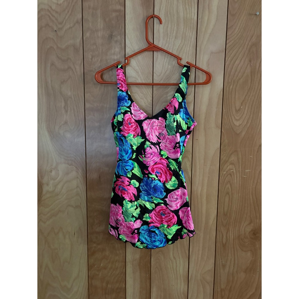Vintage Robby Len Neon Floral Swimdress One Piece Swimsuit 12T Made in‎ USA